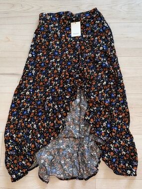 The Raconteur Floral Midi Skirt in Black with Orange & Blue Floral Print NWT